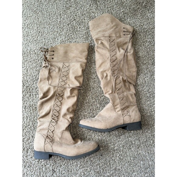 Womens Over The Knee Boots 8.5 Tan Suede Lace Back Flat Riding Slouchy Tall Boot - Picture 14 of 14